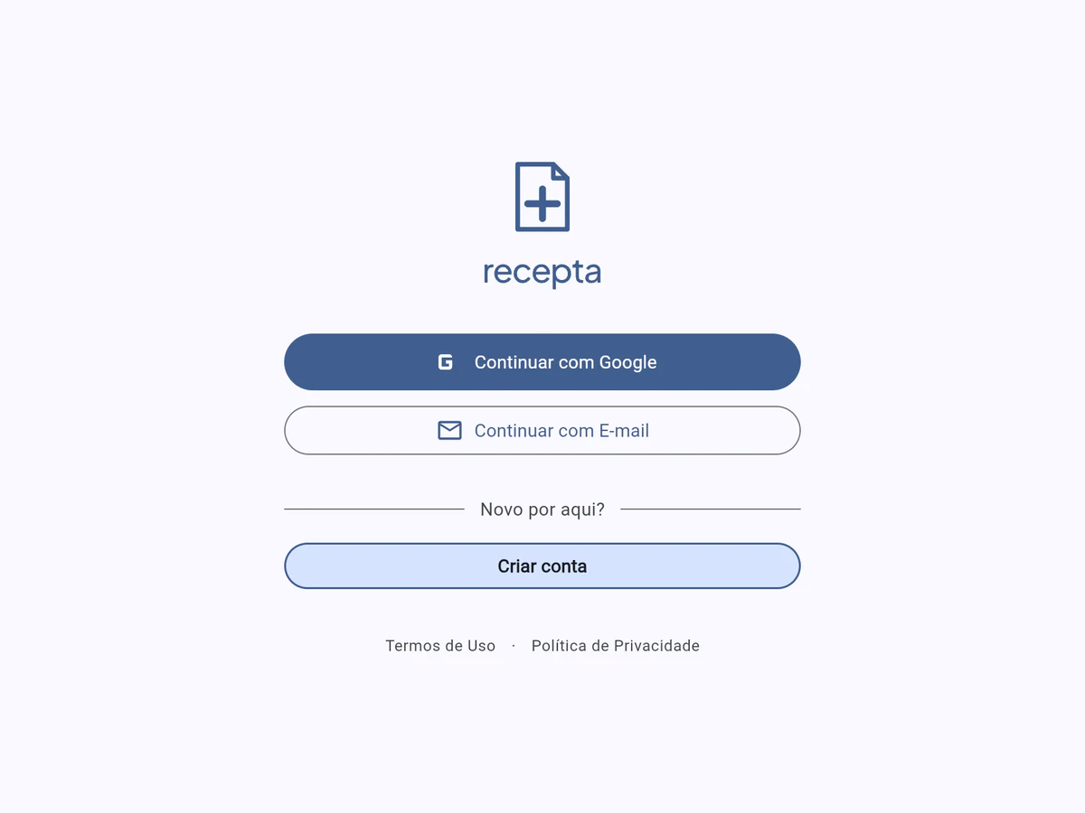 Tela de entrada do Recepta